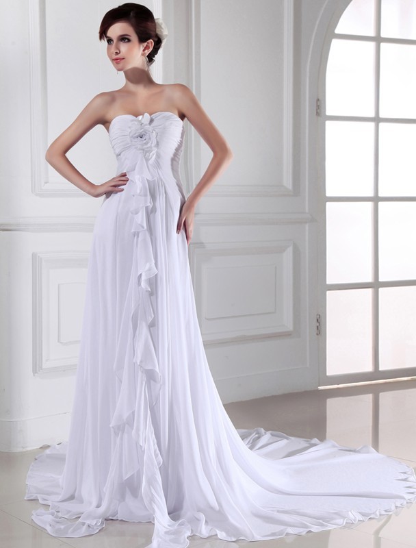 Sheath/Column Hand-made Flower Sweetheart Sleeveless Chiffon Long Wedding Dresses 1958