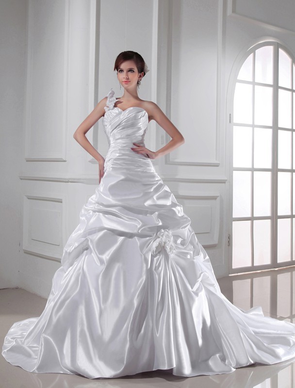 A-Line/Princess One-shoulder Sweetheart Sleeveless Long Pleats Elastic Woven Satin Wedding Dresses 1798