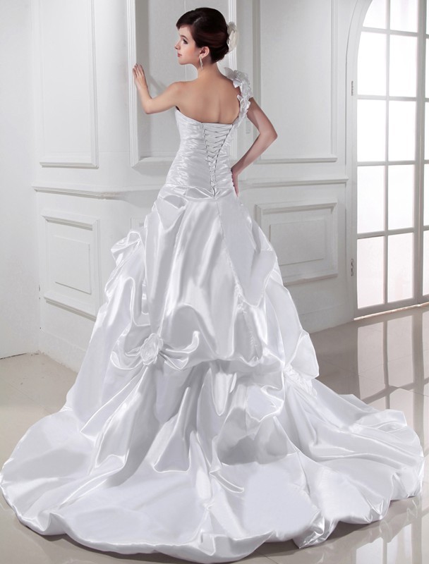 A-Line/Princess One-shoulder Sweetheart Sleeveless Long Pleats Elastic Woven Satin Wedding Dresses 1798