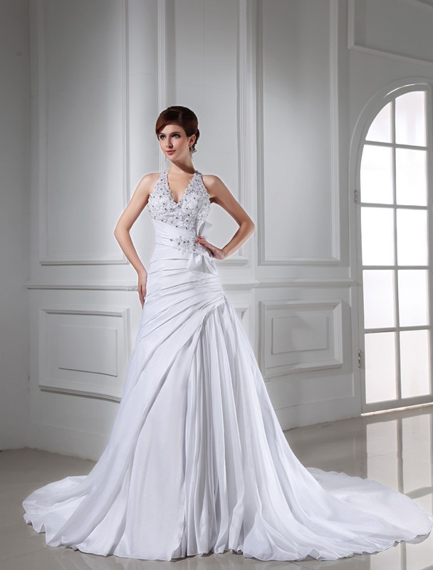 A-Line/Princess Beading Halter Sleeveless Long Taffeta Wedding Dresses 1767