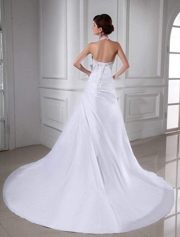 A-Line/Princess Beading Halter Sleeveless Long Taffeta Wedding Dresses 1767