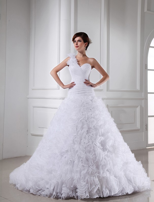 Ball Gown Beading One-shoulder Sweetheart Sleeveless Long Organza Wedding Dresses 1885