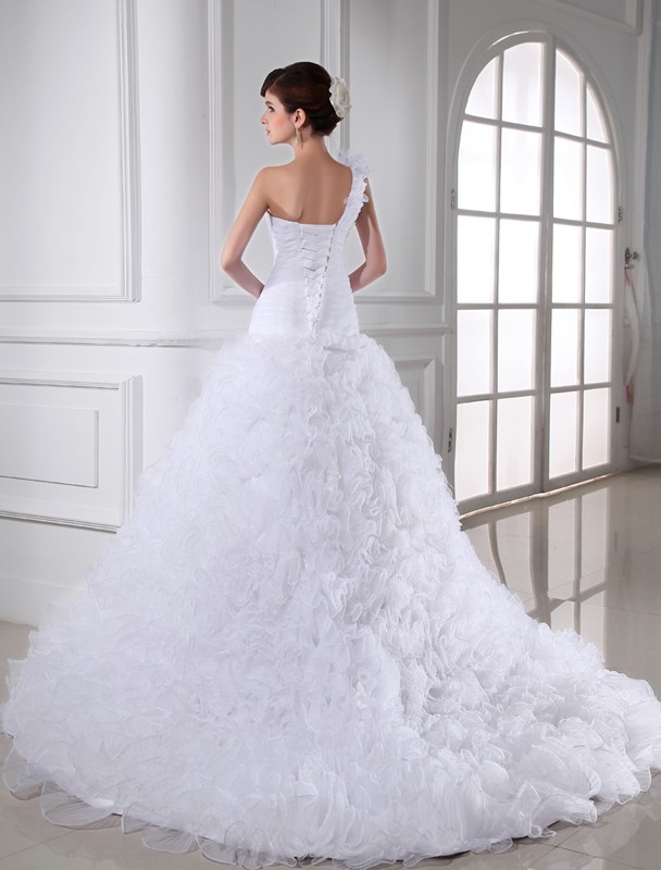 Ball Gown Beading One-shoulder Sweetheart Sleeveless Long Organza Wedding Dresses 1885