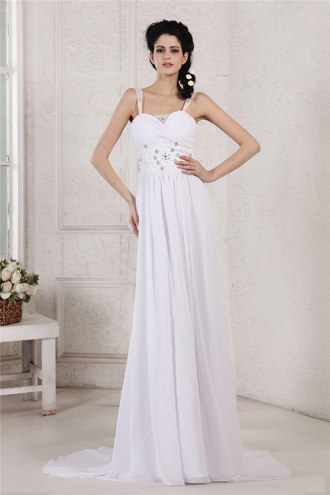 Sheath/Column Spaghetti Strap Pleats Ruched Beading Applique Long Chiffon Wedding Dresses 1969