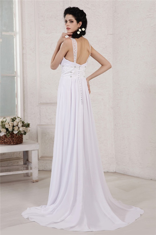 Sheath/Column Spaghetti Strap Pleats Ruched Beading Applique Long Chiffon Wedding Dresses 1969