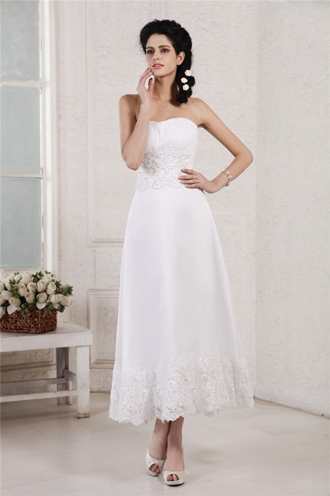 A-Line/Princess Strapless Sleeveless Pleats Applique Beading Short Chiffon Wedding Dresses 1819