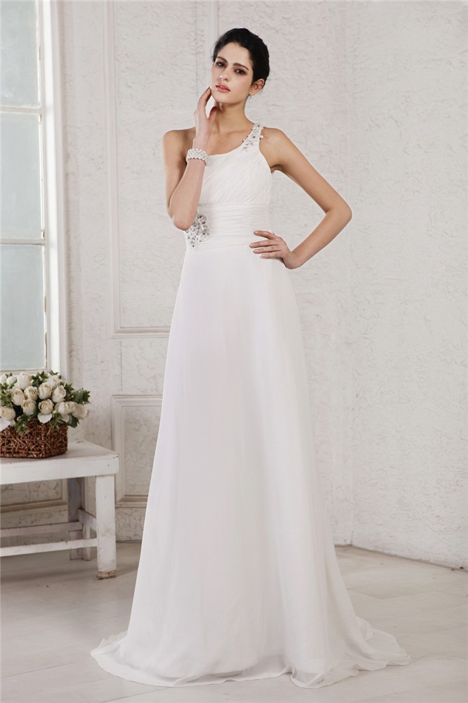 A-Line/Princess One-Shoulder Sleeveless Beading Applique Long Chiffon Wedding Dresses 2055