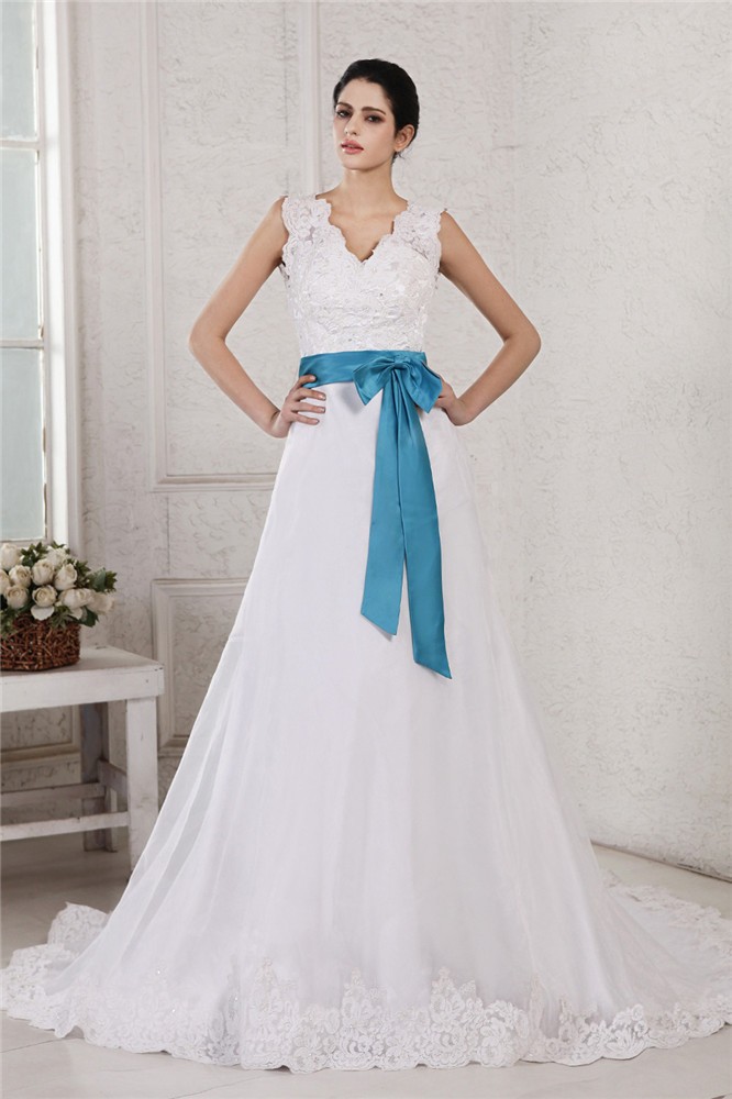 A-Line/Princess V-neck Sleeveless Applique Sash Long Organza Satin Wedding Dresses 1876