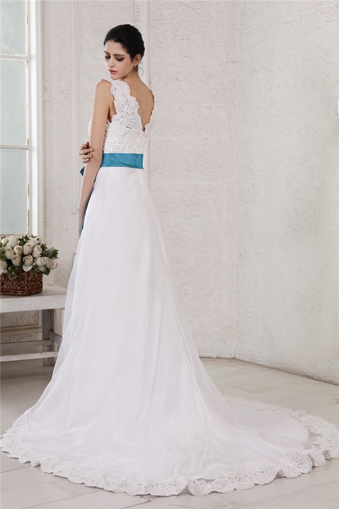 A-Line/Princess V-neck Sleeveless Applique Sash Long Organza Satin Wedding Dresses 1876