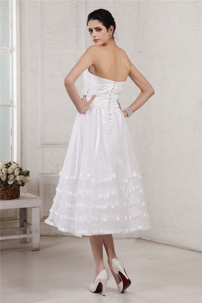 A-Line/Princess Strapless Sleeveless Hand-Made Flower Pleats Short Organza Taffeta Wedding Dresses 1818