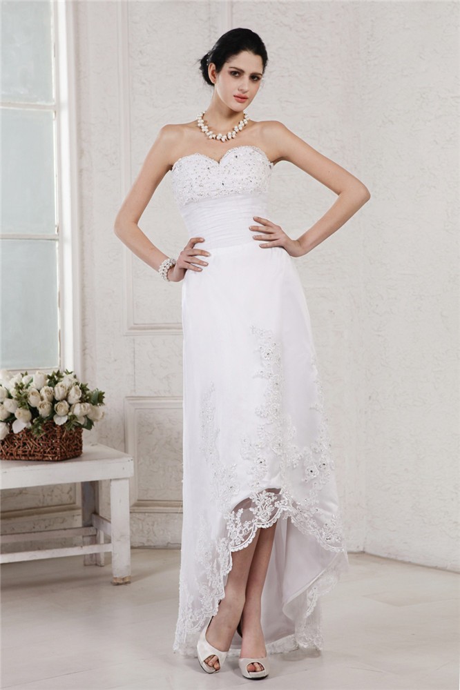 Sheath/Column Sweetheart Sleeveless Beading Applique High Low Organza Wedding Dresses 1986