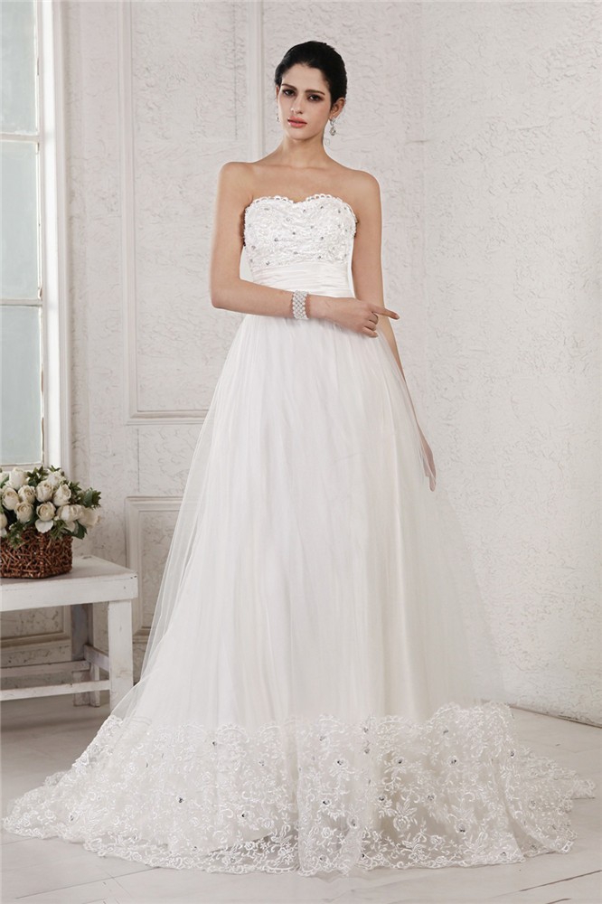 A-Line/Princess Sweetheart Sleeveless Beading Applique Long Net Wedding Dresses 1851