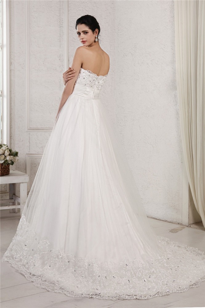 A-Line/Princess Sweetheart Sleeveless Beading Applique Long Net Wedding Dresses 1851