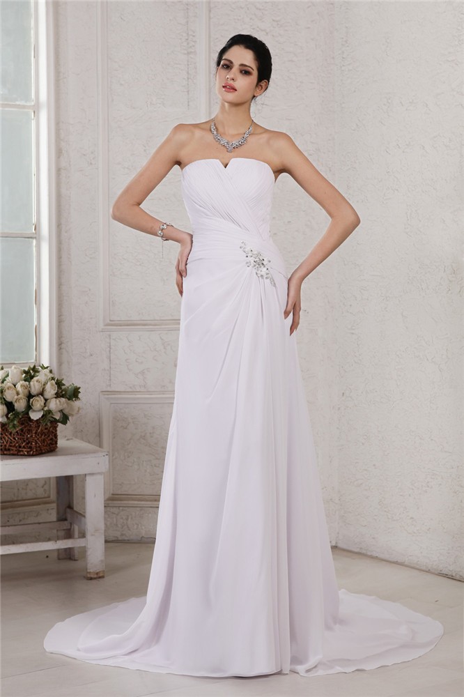 Sheath/Column Strapless Sleeveless Beading Applique Pleats Long Chiffon Wedding Dresses 2075