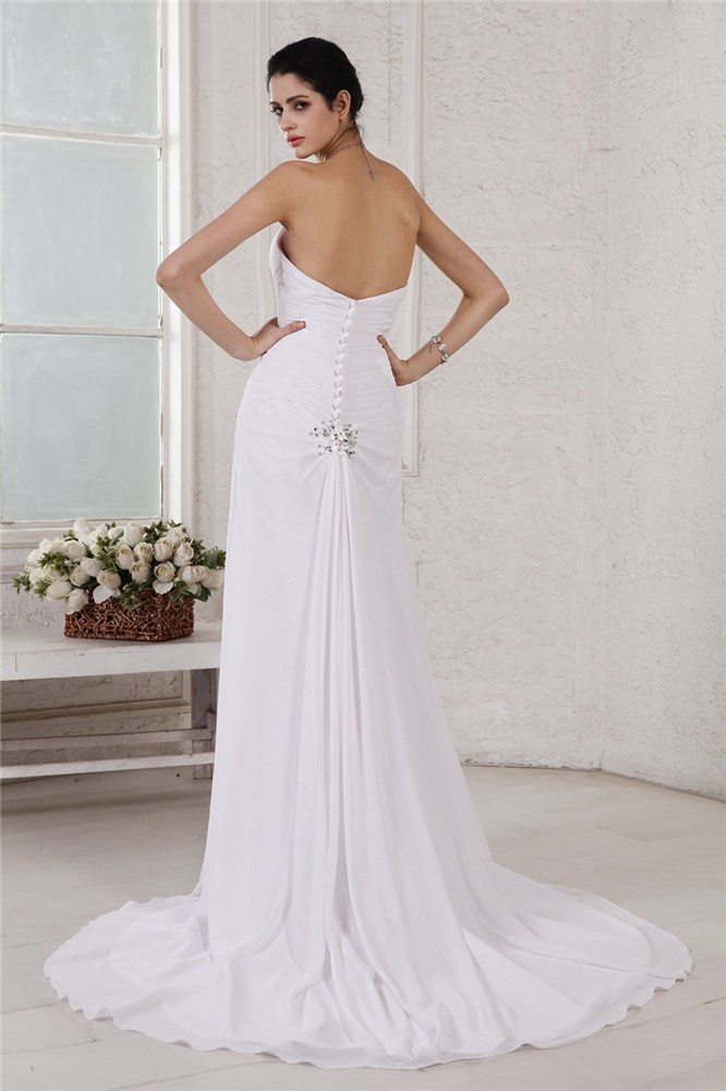 Sheath/Column Strapless Sleeveless Beading Applique Pleats Long Chiffon Wedding Dresses 2075