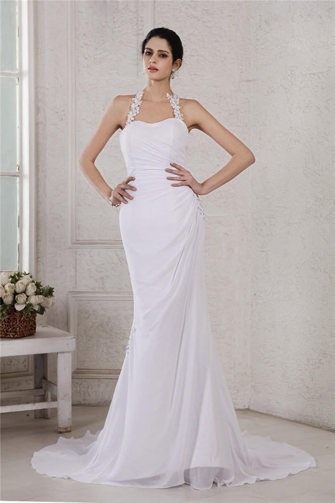 Trumpet/Mermaid Halter Sleeveless Beading Applique Long Chiffon Wedding Dresses 2001