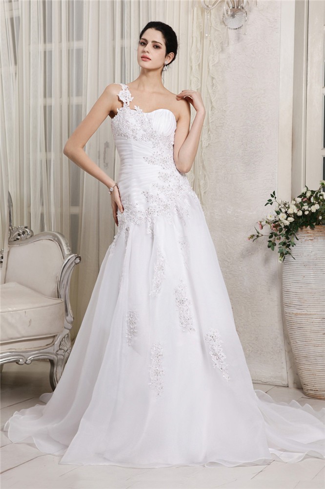 A-Line/Princess One-Shoulder Sleeveless Beading Applique Long Organza Wedding Dresses 2056