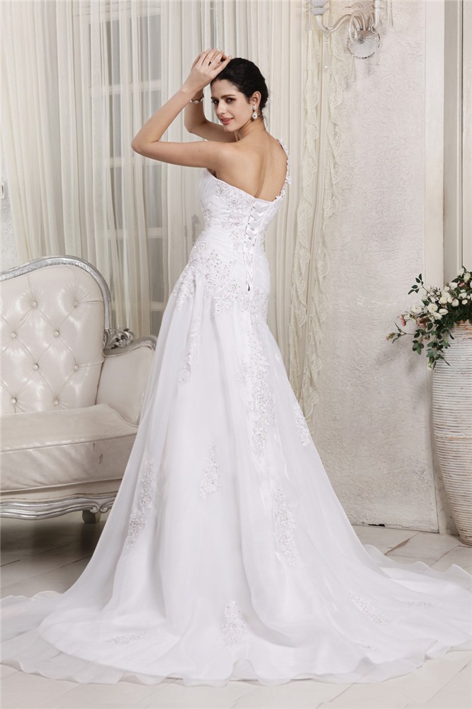 A-Line/Princess One-Shoulder Sleeveless Beading Applique Long Organza Wedding Dresses 2056