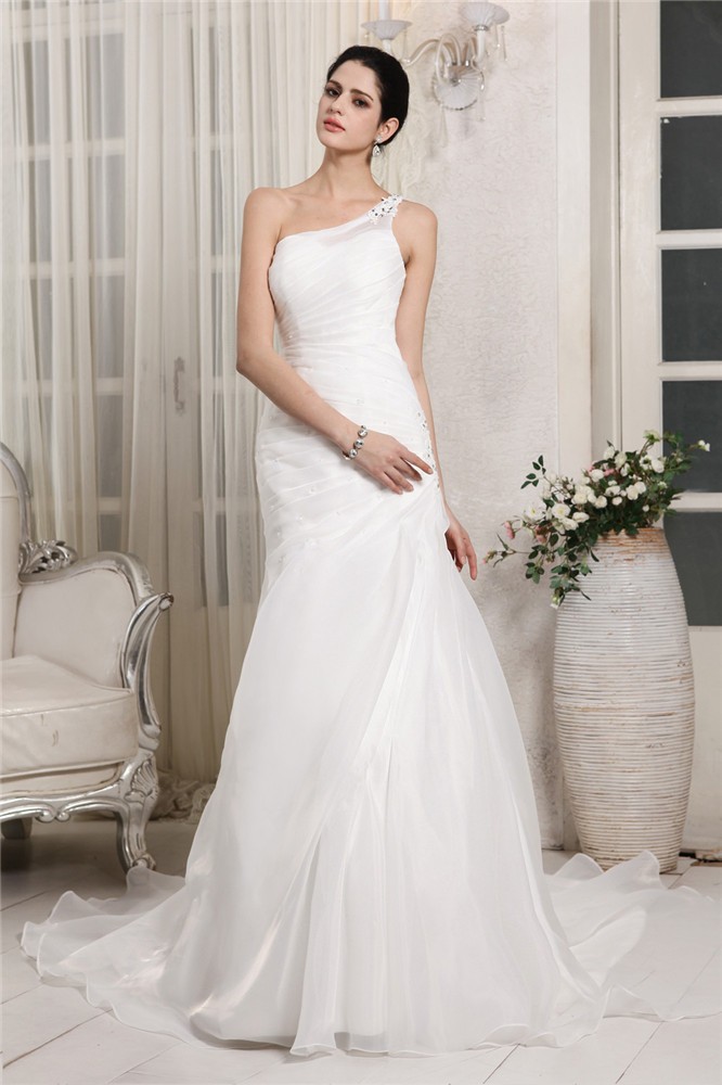 Trumpet/Mermaid One-Shoulder Sleeveless Beading Applique Long Organza Wedding Dresses 2006