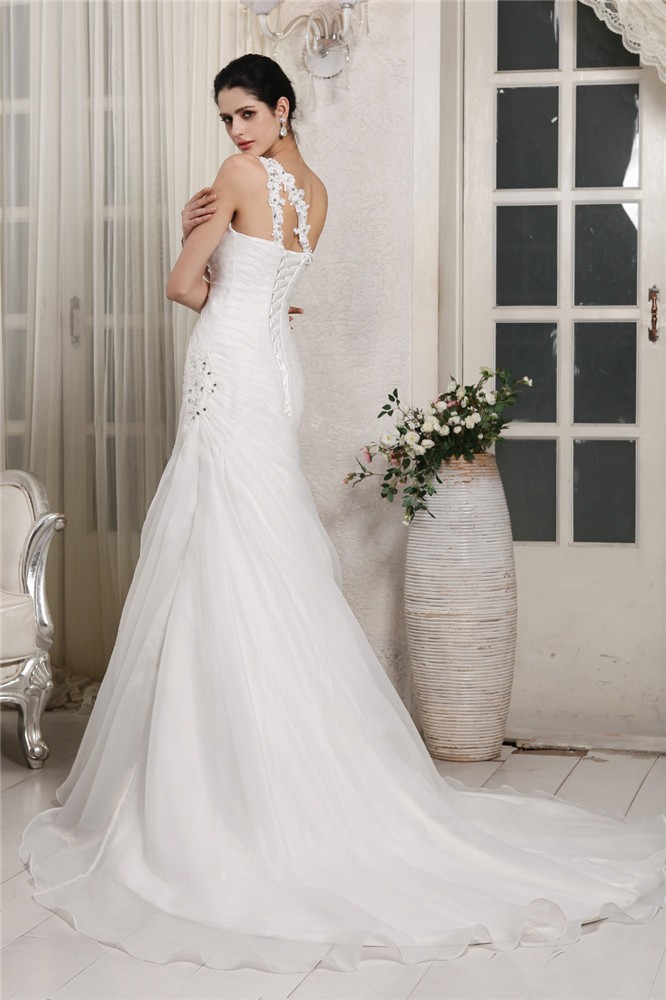 Trumpet/Mermaid One-Shoulder Sleeveless Beading Applique Long Organza Wedding Dresses 2006