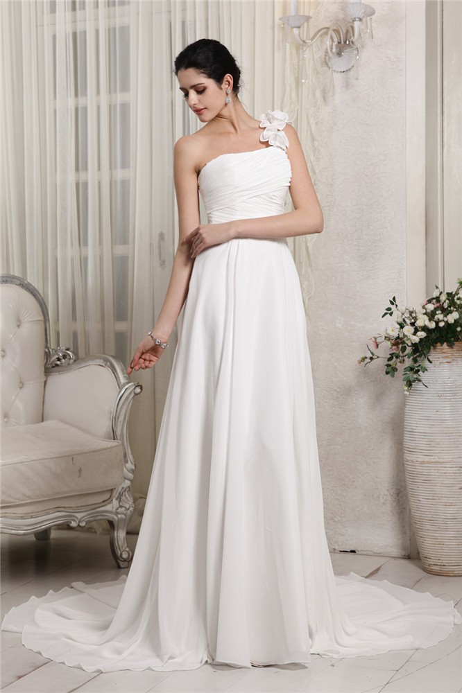 Sheath/Column One-Shoulder Sleeveless Ruffles Long Chiffon Wedding Dresses 2072