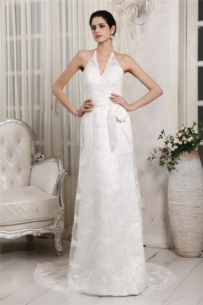 Sheath/Column V-neck Sleeveless Lace Applique Long Net Wedding Dresses 2077