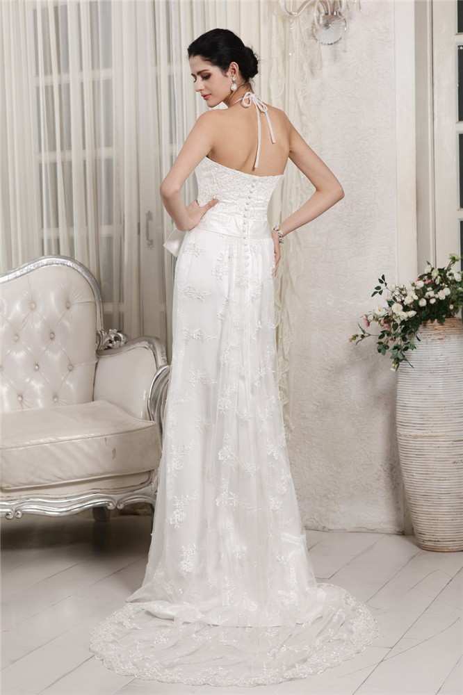 Sheath/Column V-neck Sleeveless Lace Applique Long Net Wedding Dresses 2077