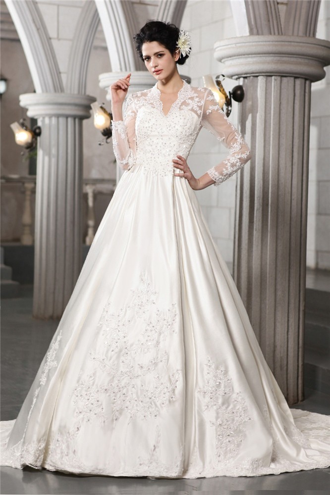 A-Line/Princess Long Sleeves Beading Applique Long Satin Wedding Dresses 1787