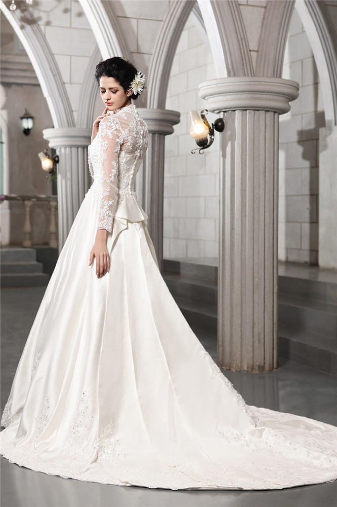 A-Line/Princess Long Sleeves Beading Applique Long Satin Wedding Dresses 1787