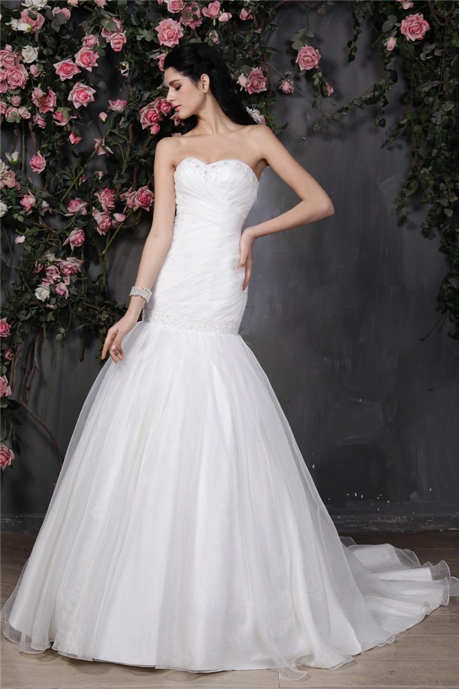 Trumpet/Mermaid Sweetheart Sleeveless Beading Pleats Ruffles Long Organza Wedding Dresses 2088