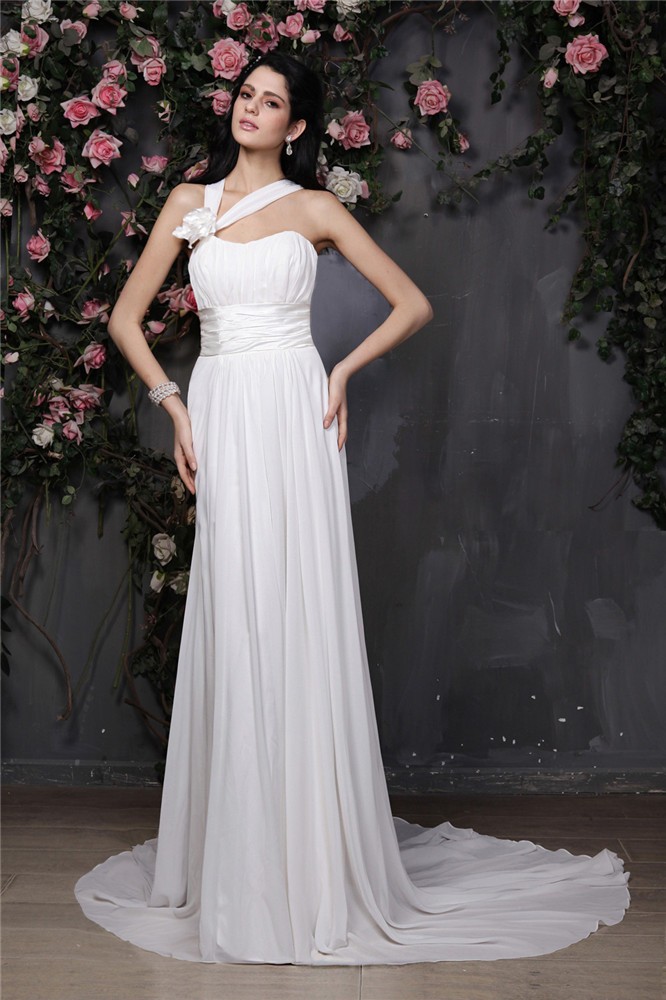 Sheath/Column Halter Sleeveless Hand-Made Flower Pleats Long Chiffon Wedding Dresses 2070