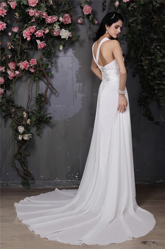 Sheath/Column Halter Sleeveless Hand-Made Flower Pleats Long Chiffon Wedding Dresses 2070