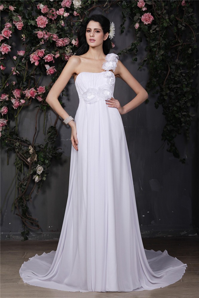 A-Line/Princess One-Shoulder Sleeveless Hand-Made Flower Ruffles Long Chiffon Wedding Dresses 2057