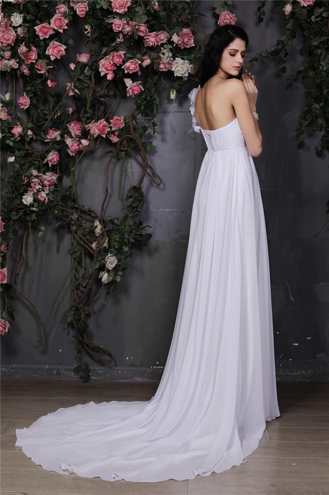 A-Line/Princess One-Shoulder Sleeveless Hand-Made Flower Ruffles Long Chiffon Wedding Dresses 2057