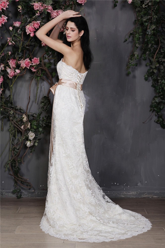 Sheath/Column Strapless Sleeveless Sash Long Lace Wedding Dresses 1975