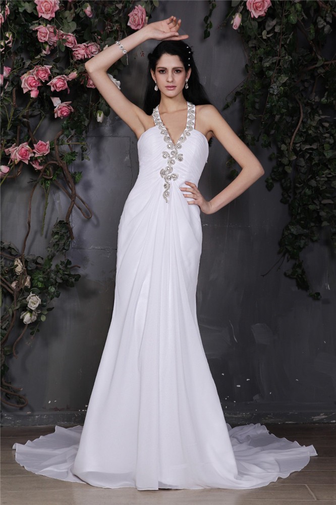 Sheath/Column Halter Sleeveless Beading Ruffles Long Chiffon Wedding Dresses 1957