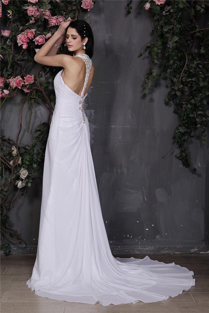 Sheath/Column Halter Sleeveless Beading Ruffles Long Chiffon Wedding Dresses 1957