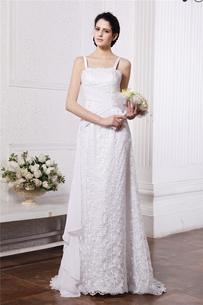 Sheath/Column Square Neck Sleeveless Ruffles Ruched Long Chiffon Net Wedding Dresses 2073