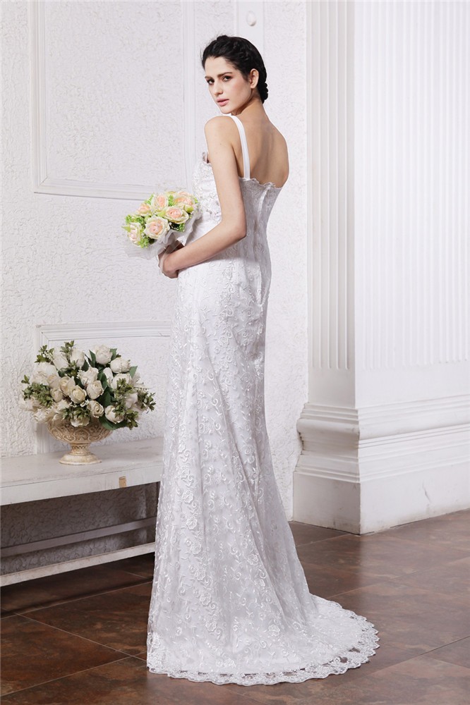 Sheath/Column Square Neck Sleeveless Ruffles Ruched Long Chiffon Net Wedding Dresses 2073