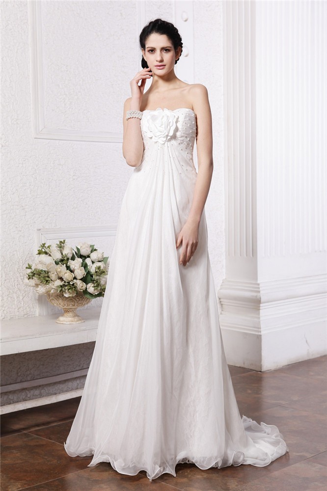 A-Line/Princess Strapless Sleeveless Beading Hand-Made Flower Long Chiffon Wedding Dresses 1817