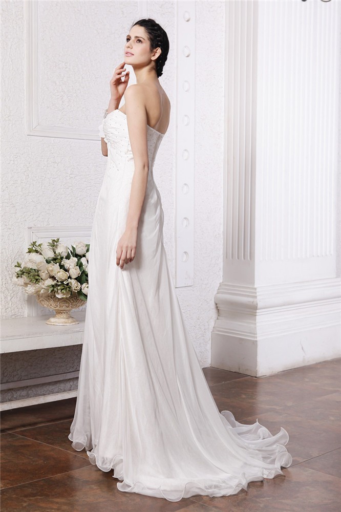 A-Line/Princess Strapless Sleeveless Beading Hand-Made Flower Long Chiffon Wedding Dresses 1817