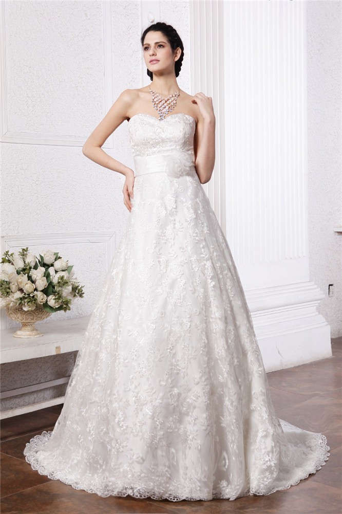 A-Line/Princess Sweetheart Sleeveless Sash Long Lace Wedding Dresses 1858