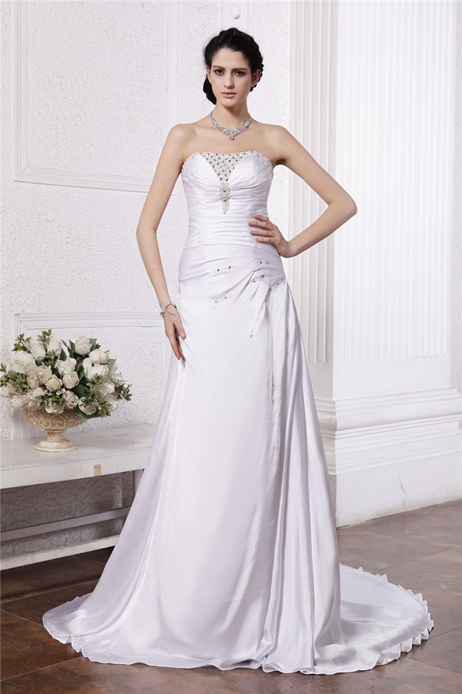 A-Line/Princess Strapless Sleeveless Beading Ruffles Long Silk like Satin Wedding Dresses 2060