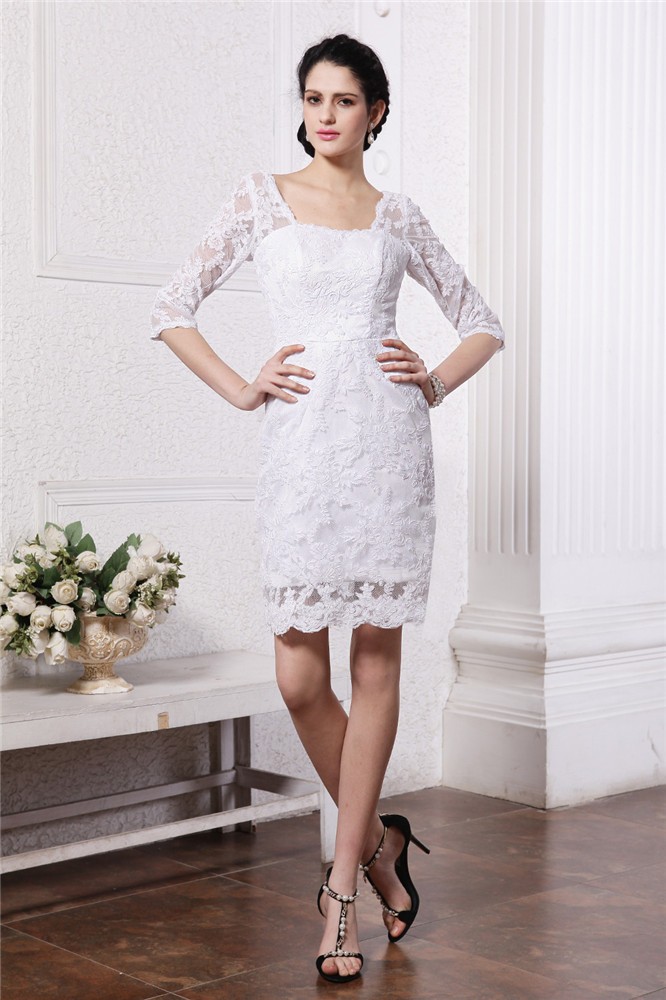 Sheath/Column Half Sleeves Bateau Short Lace Wedding Dresses 2069