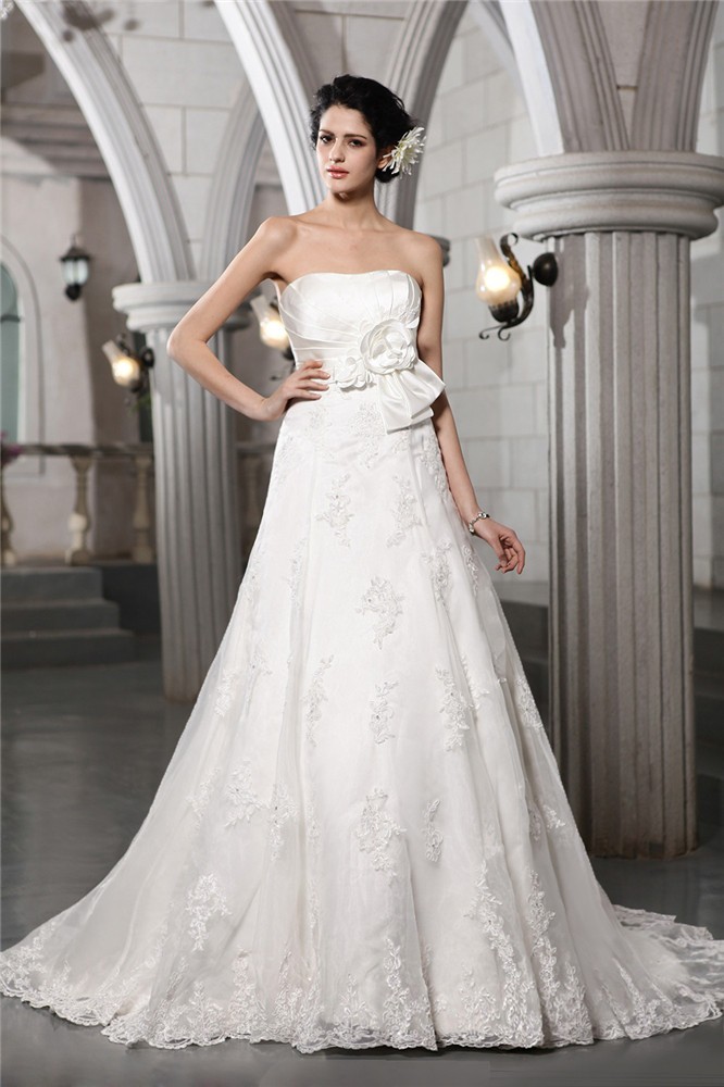 A-Line/Princess Strapless Sleeveless Beading Applique Hand-Made Flower Long Satin Wedding Dresses 1814