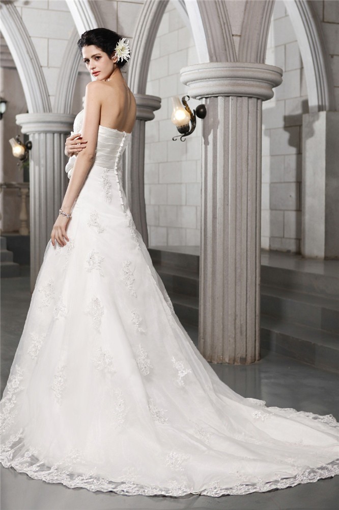 A-Line/Princess Strapless Sleeveless Beading Applique Hand-Made Flower Long Satin Wedding Dresses 1814