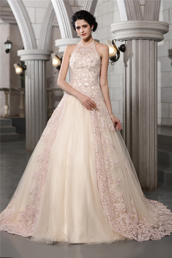 A-Line/Princess High Neck Sleeveless Beading Applique Long Net Wedding Dresses 1786