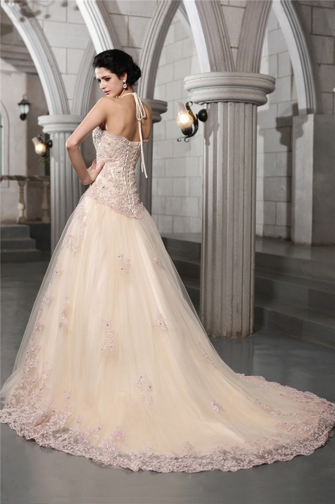 A-Line/Princess High Neck Sleeveless Beading Applique Long Net Wedding Dresses 1786