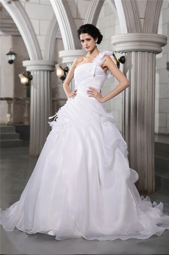 Ball Gown One-Shoulder Sleeveless Pleats Long Organza Wedding Dresses 2066