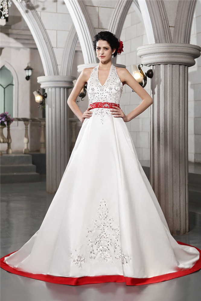 A-Line/Princess V-neck Sleeveless Beading Embroidery Long Satin Wedding Dresses 1878